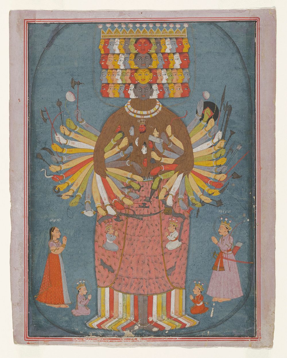 large standing figure with numerous colorful arms, legs and faces, and a bushy brown beard from which small faces emerge;…