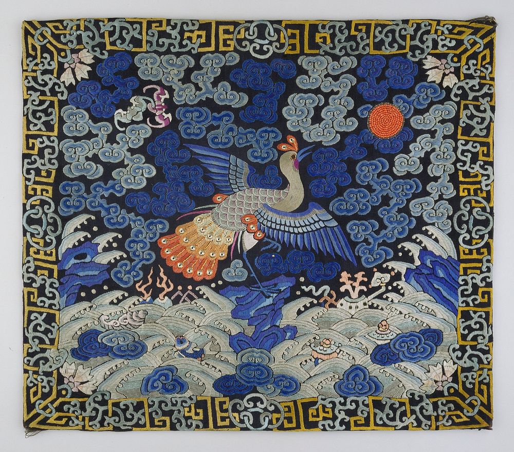 Mandarin Square, embroidered silk made into a portfolio; light blue, dark blue, grey, red and orange silk threads on dark…