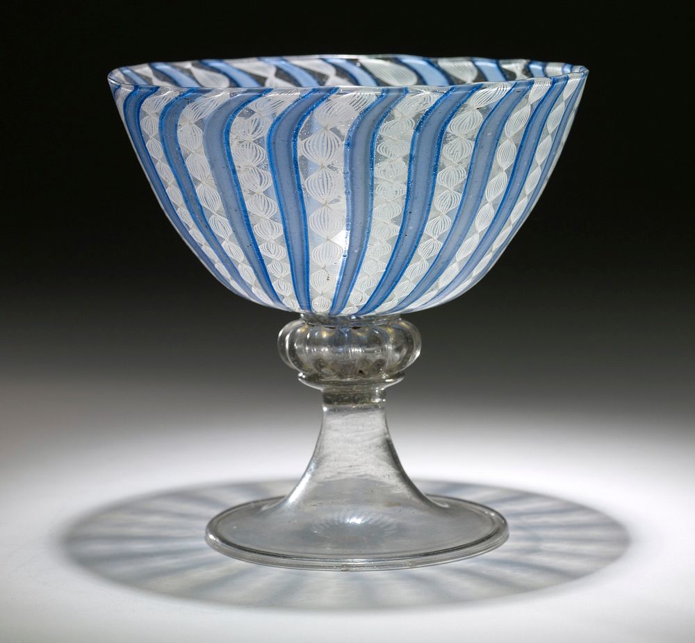 goblet, glass, facon de Venise or Venetian filigree, colorless lead glass with latticino decoration, late XV c.. Original…