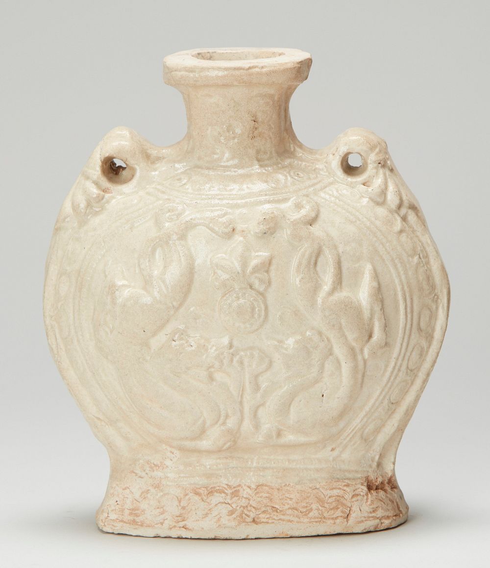 Molded flask with double dragon motif, stoneware with slip glaze. Original from The Minneapolis Institute of Art.
