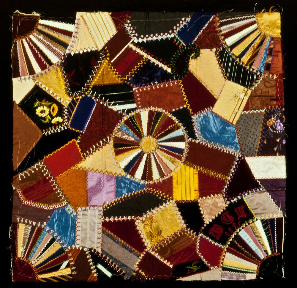 five Sections of a patchwork quilt; five stitched, backed, but unassembled pieces for a quilt incorporating velvet, silk…