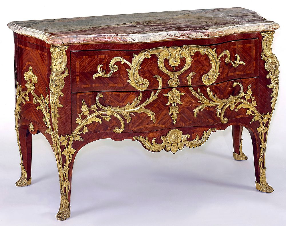 Louis XV style ormolu-mounted parquetry commode; marble top, in bois satiné with purpleheart borders; the front has two…