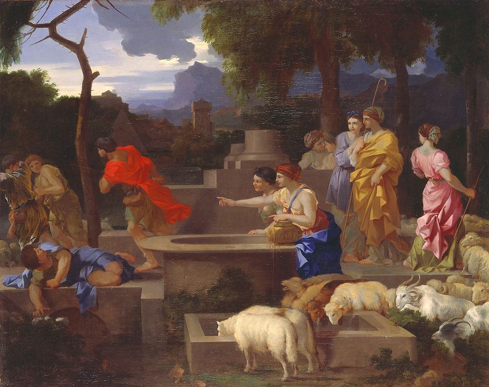 Religion: OT. Moses at a well meets the seven daughters of Jethro. Original from the Minneapolis Institute of Art.