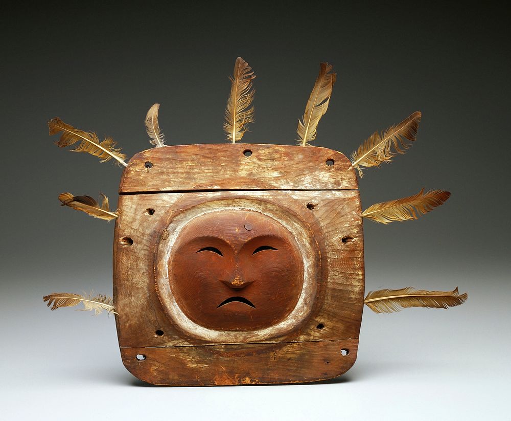Mask, wood, painted, and feathers inserted in the outer edges; Inuit (Eskimo), Anvik From the Anvik area along the Yukon…