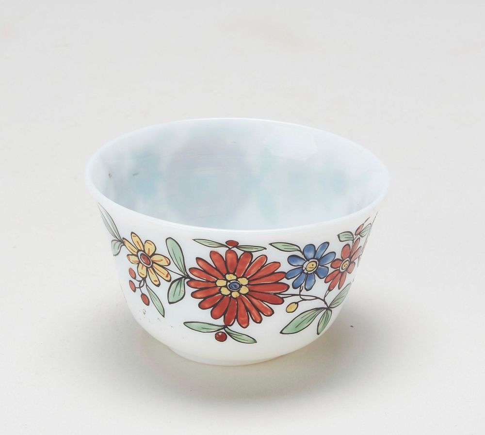 cup and saucer, white glass painted in enamel with floral sprays. Original from the Minneapolis Institute of Art.
