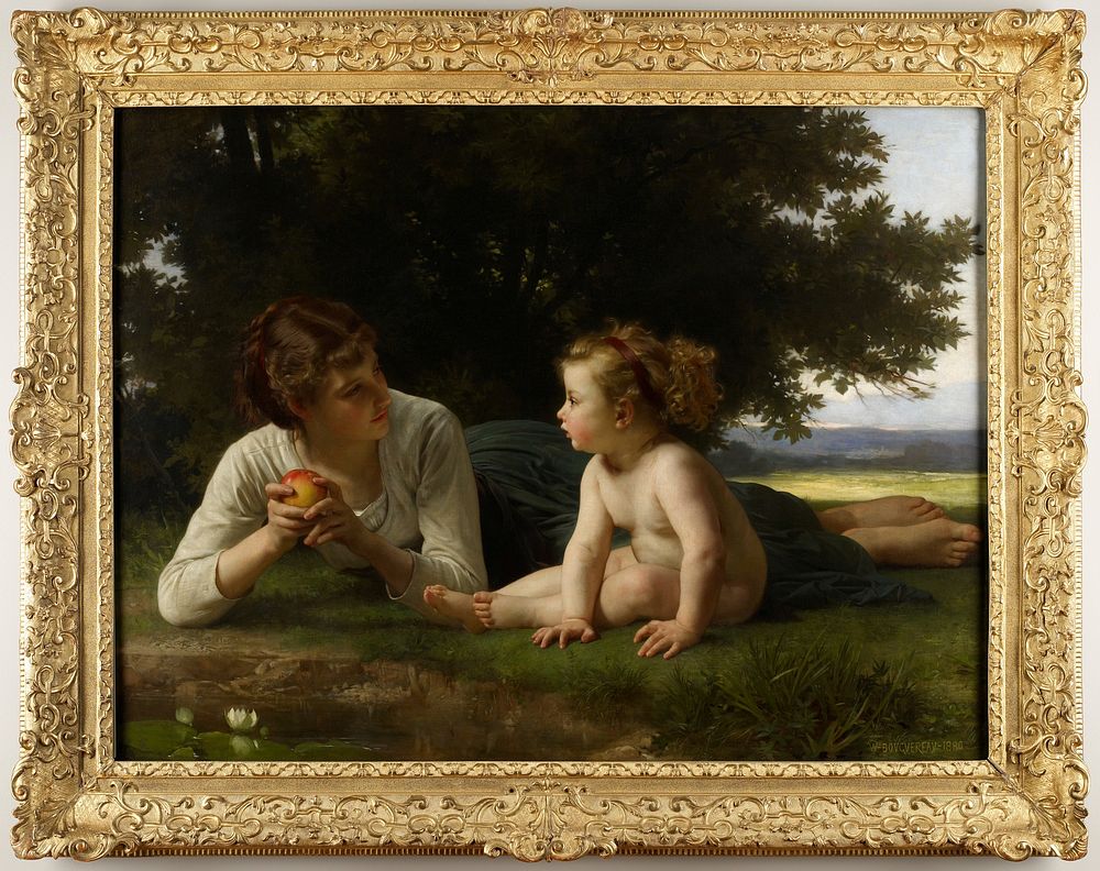 Mother and child seated in field with tree in background and water in foreground. The mother holds an apple in her hand.…