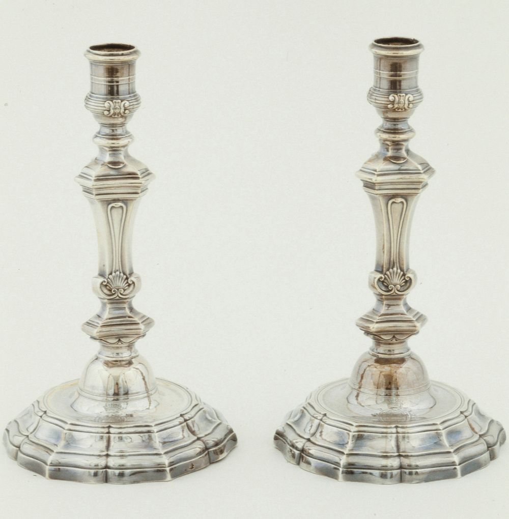 shell decorated stems and shaped circular armorial engraved bases. Original from the Minneapolis Institute of Art.