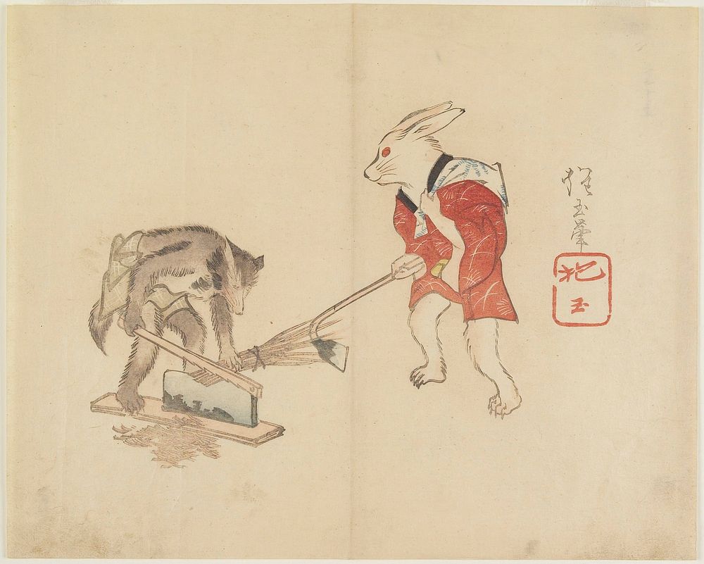 Rabbit and Raccoon Chopping Straw. Original from the Minneapolis Institute of Art.