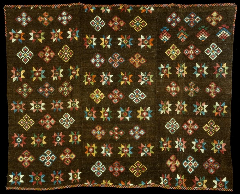 Yattha Charkhab; triple panel wool brocade on wool background; brown ground with multicolored discontinuous supplementary…