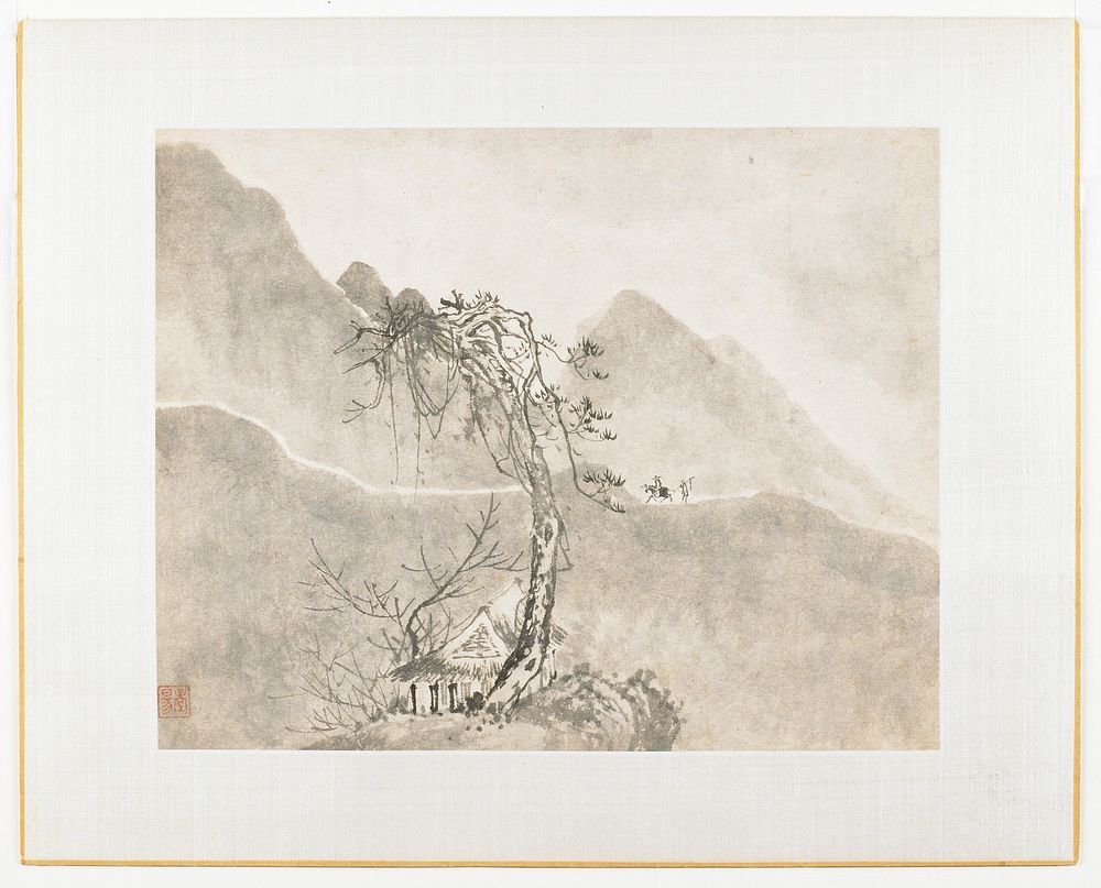 Mountain landscape with central tree; building at base of tree; two figures on mountain path, one mouted ,one walking…