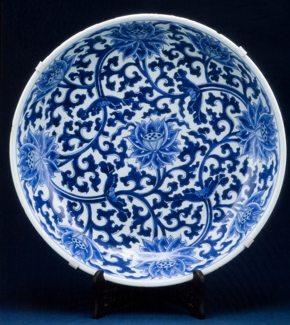 Deep dish, porcelain, underglaze blue decor, lotus design with six imperial reign marks.. Original from the Minneapolis…