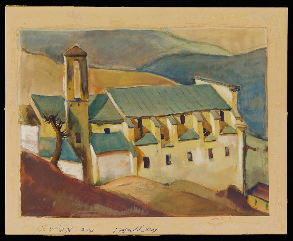 white church with blue roof; rust-colored hill, LLC, and blue, green and tan hills in background. Original from the…