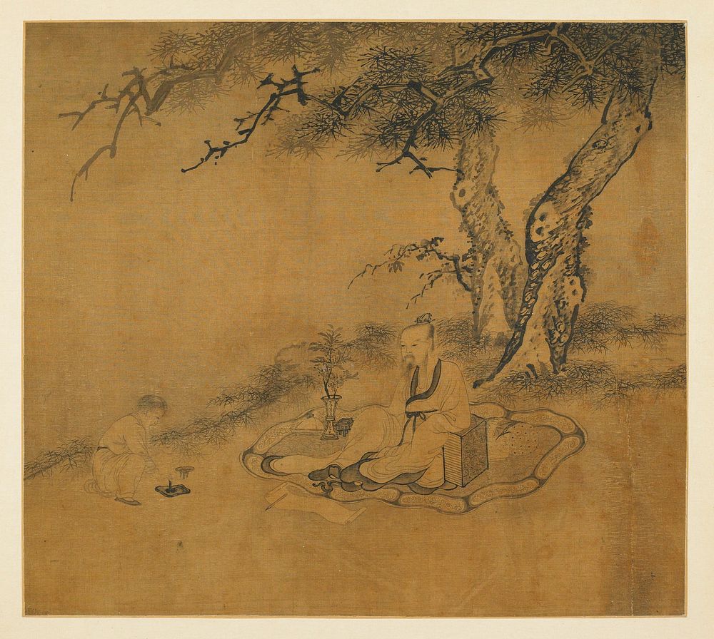 scholar seated on a carpet under a tree, paper and brush before him; assistant nearby making ink on an inkstone. Original…