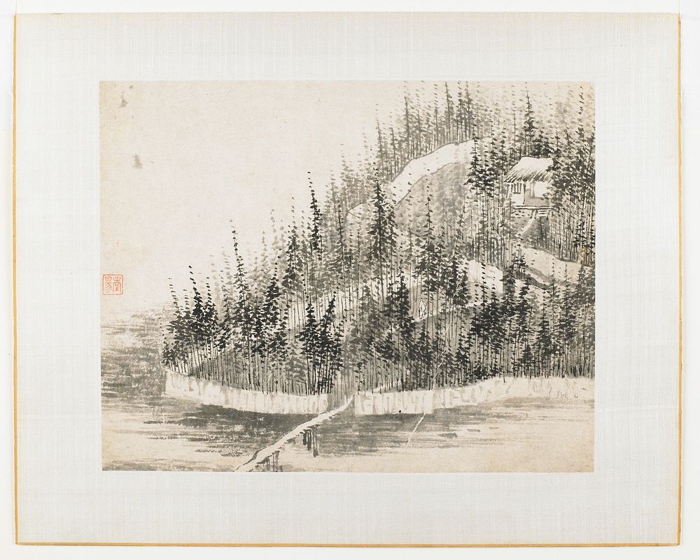Forest landscape with building at upper right; path through forest leads to bridge over water; small figure on path; wall…