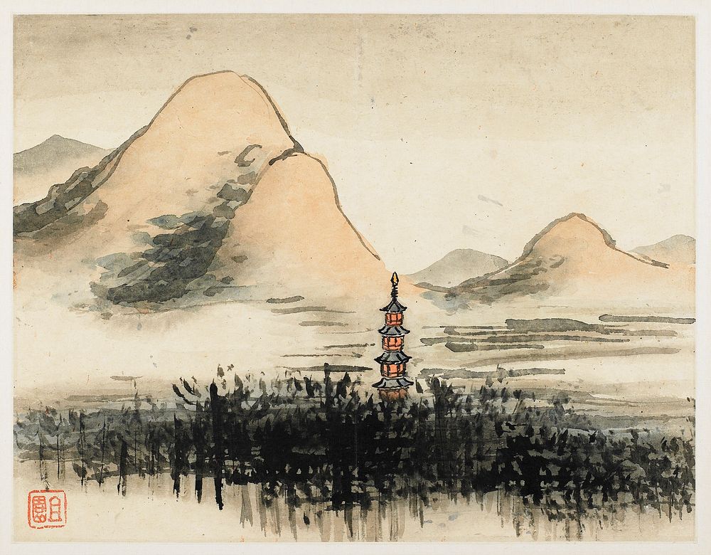 Small, towerlike pagoda partially covered by dark grasses; rolling, rust colored mountains behind. Original from the…