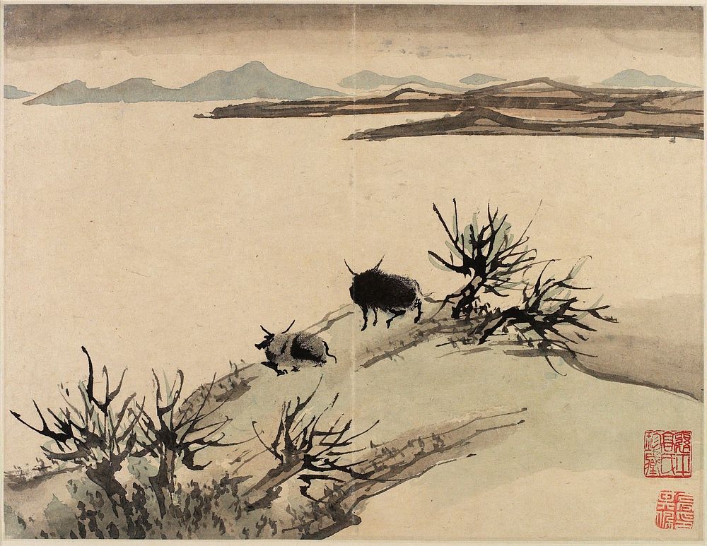 Two horned animals with fingerprint bodies at top of a bluish-grey hill; large empty space in middle ground, blue and grey…