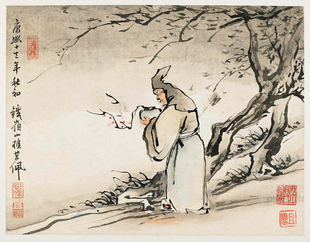 Figure wearing a hooded garment, seen in profile from PL side, holding a pot with a flowering branch; tree at right side.…