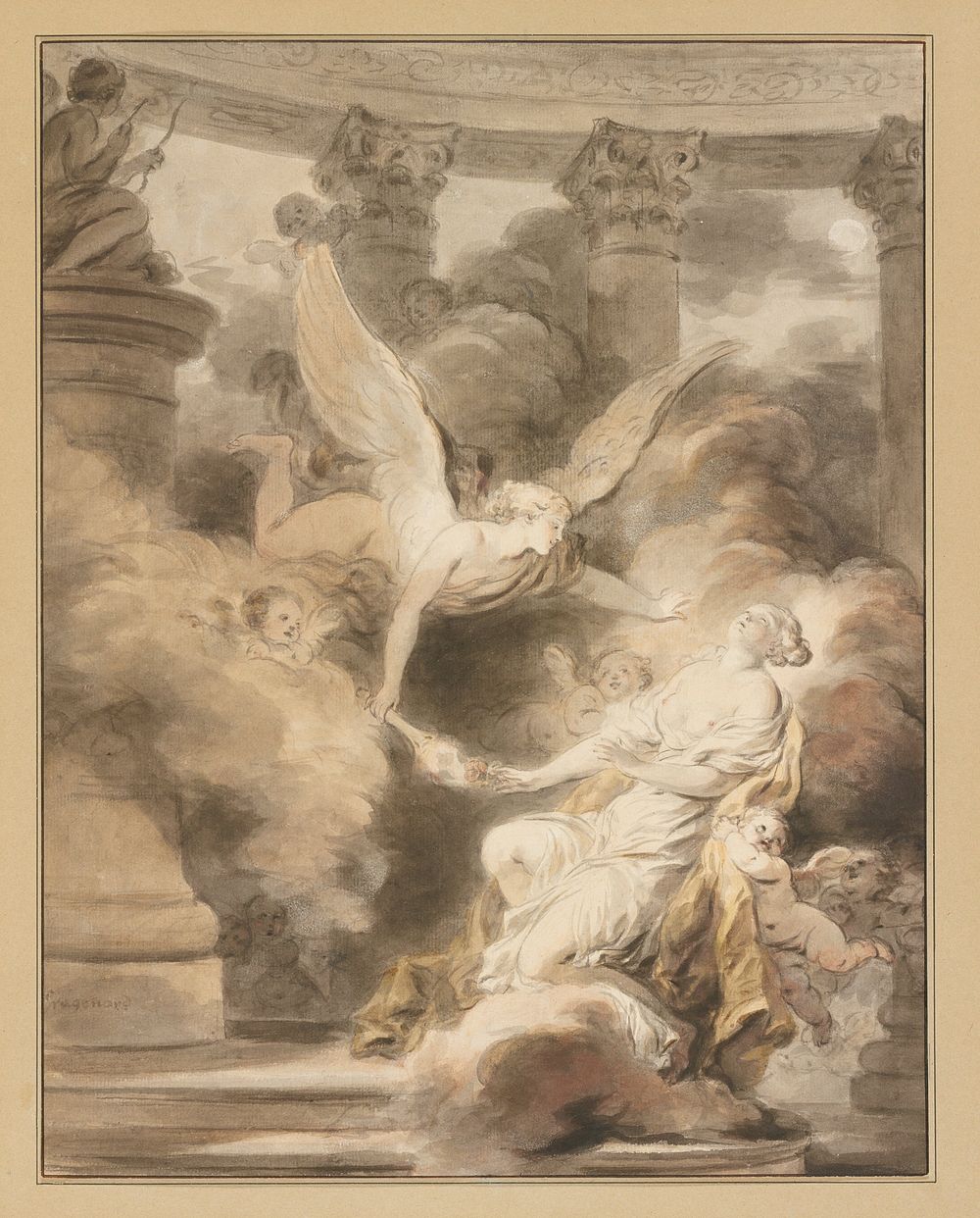 partially draped female figure leanig back as winged figure holds torch to rose female figure holds. Original from the…