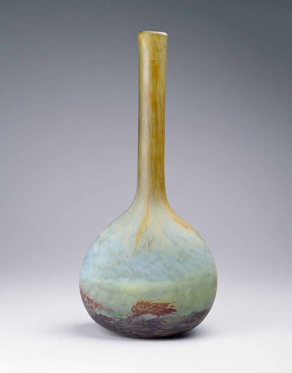 Glass vase with lozenge-shaped vase and long, slightly flaring neck; green, yellow and brown glass with acid etching;…