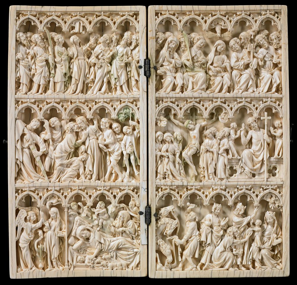 six scenes from the life of Christ; bottom row the Annunciation, Nativity and Adoration of the Magi; middle row Betrayal of…