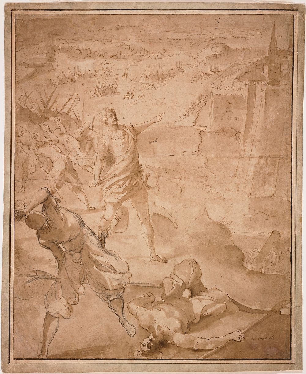 battle scene with soldiers fighting hand-to-hand at left in middle ground; two soldiers--one fallen--in foreground;…