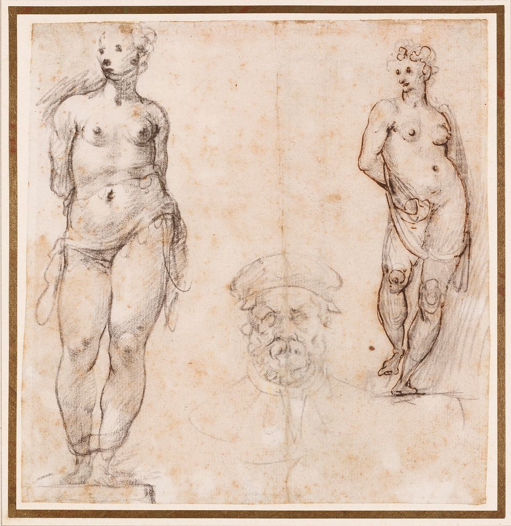 mounted on ivory paper with tan, grey and gold borders; two sketches of female statue in contrapposto pose at right and left…