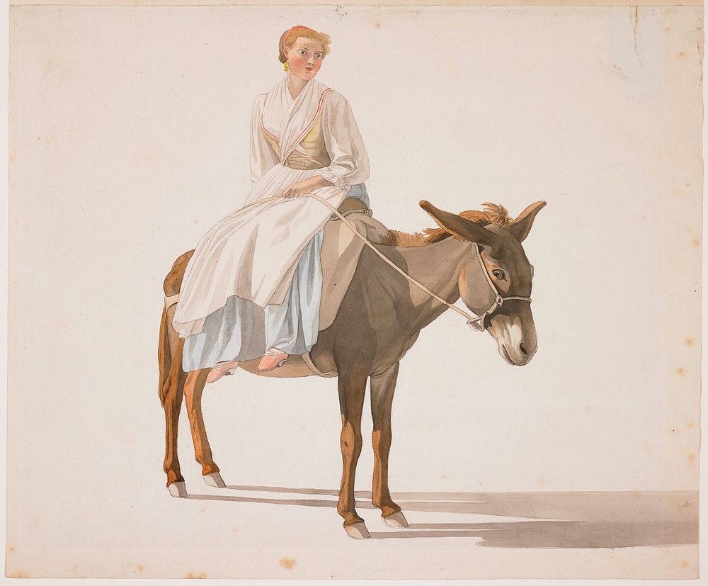 blonde woman with large, wide eyes and round face seated on a donkey; woman wears a white blouse and apron, yellow vest…