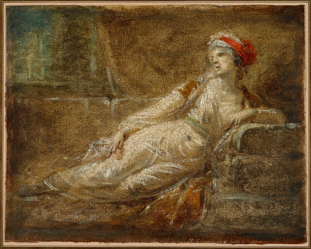 mounted on ivory paper with brown and gold borders; woman reclining on her PL side, wearing a sheer draping garment with a…