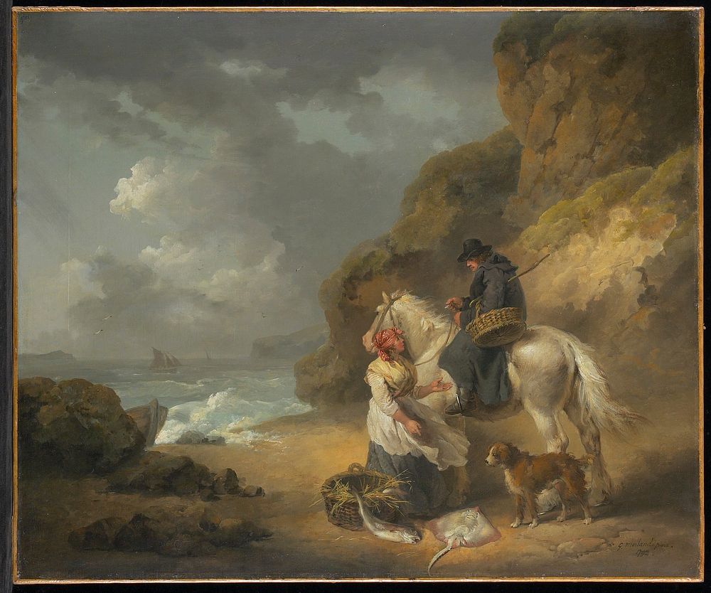 Woman with a basket containing a large fish and a stingray presenting them to a man on a white horse with a dog; rocky…