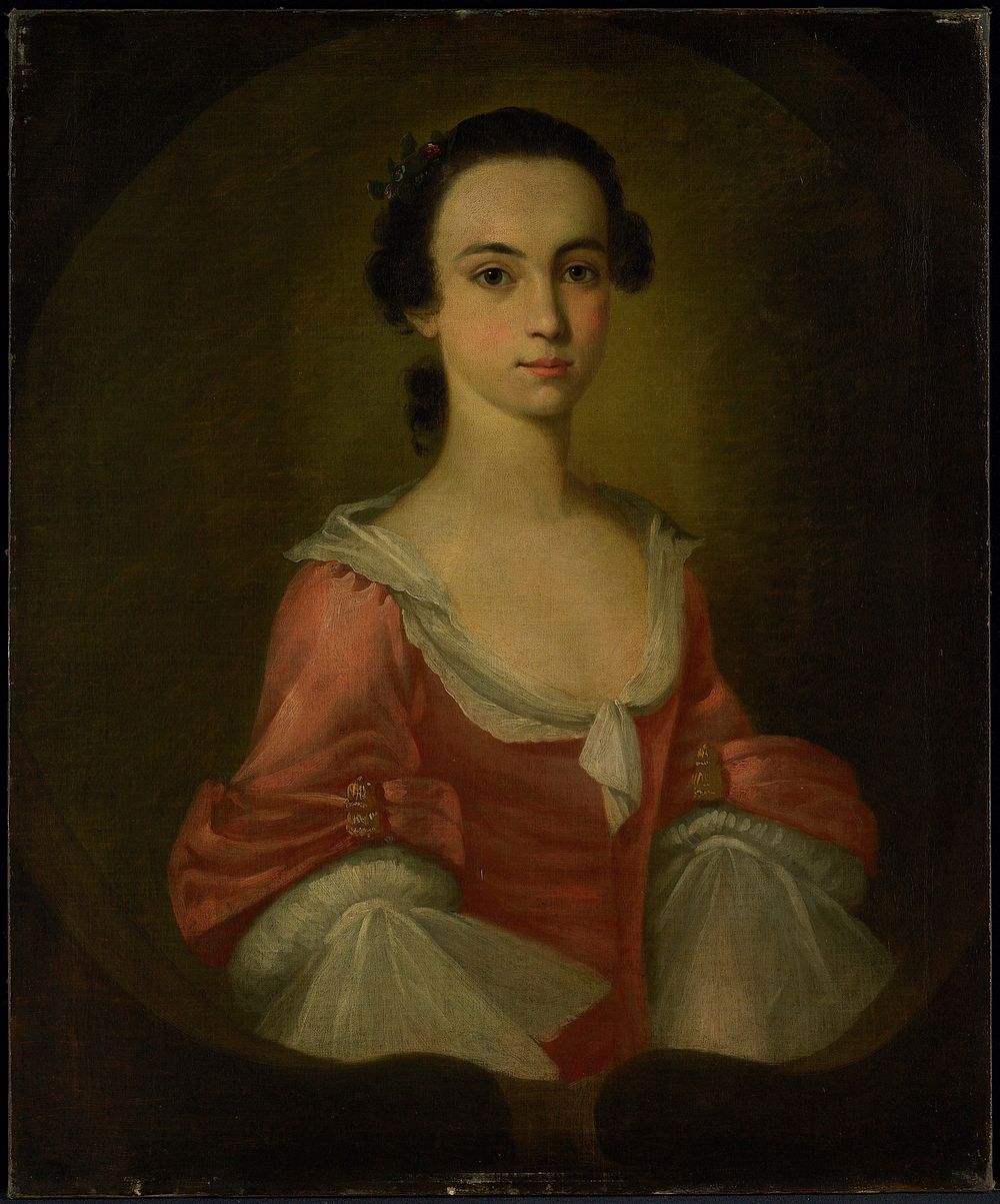 Portrait of Mrs. Gardner Greene. Half-length portrait, three-quarters life size, of lady, with rose-colored bodice and…