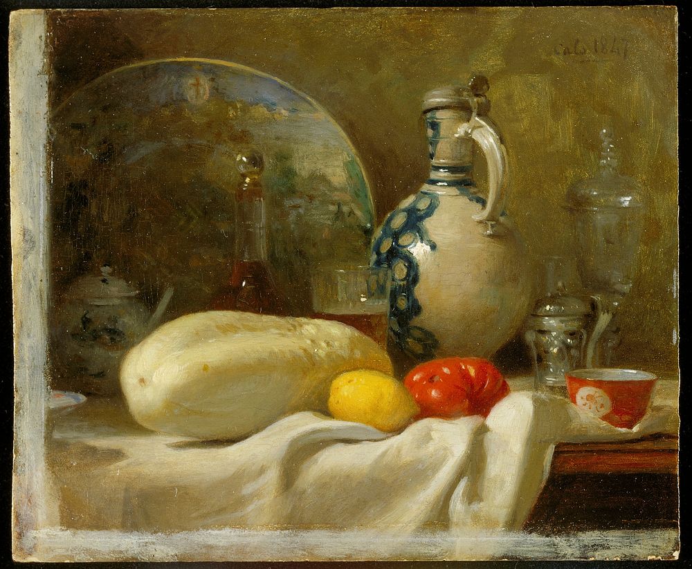 Still life with a cucumber, pitcher, platter, glassware.. Original from the Minneapolis Institute of Art.