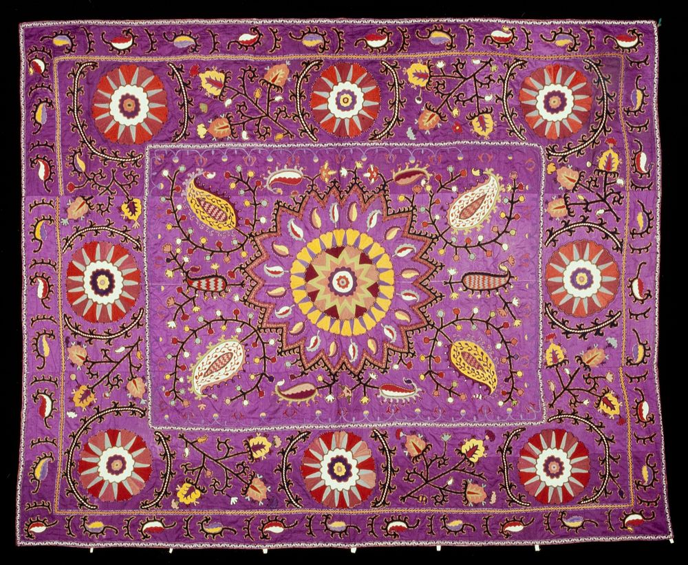 purple ground with stylized flowers and paisleys; stems and foliage in maroon, orange, dark and light green, blue, yellow…