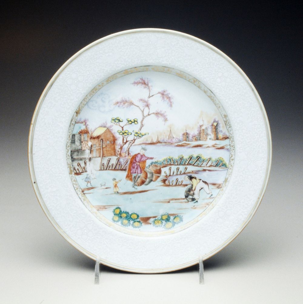 plate decoration harbor with king, after Meissen; buildings, ships and workers unloading barrels; bianco-sopra-bianco…