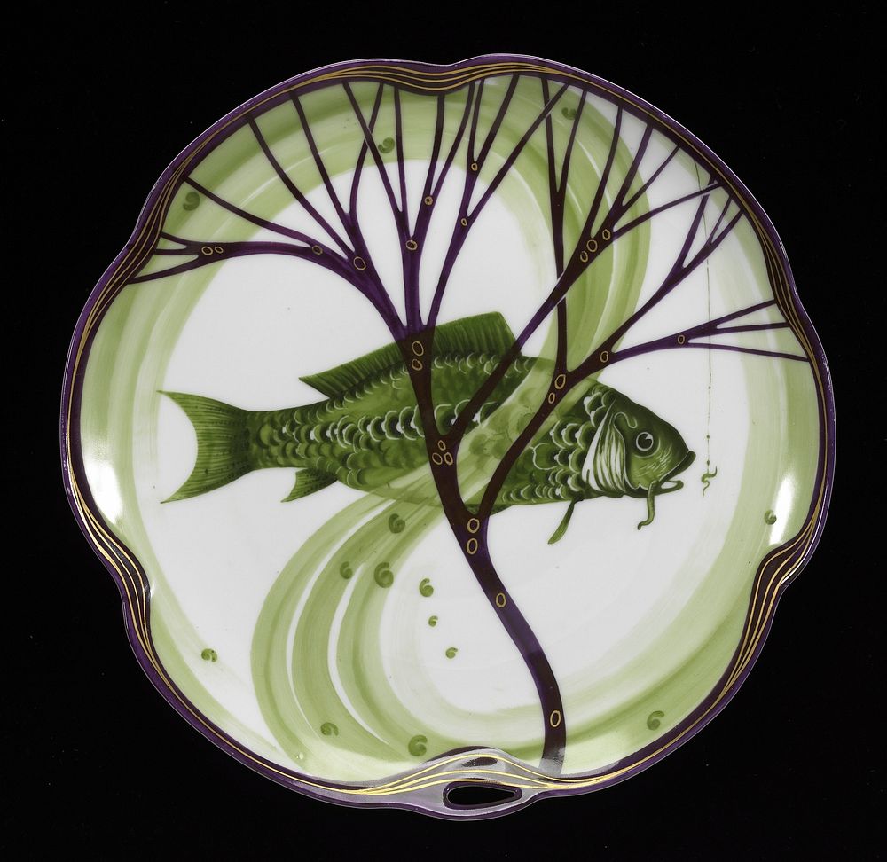 Hand-painted marine life in the Art Nouveau stlye green fish, purple rim. Original from the Minneapolis Institute of Art.