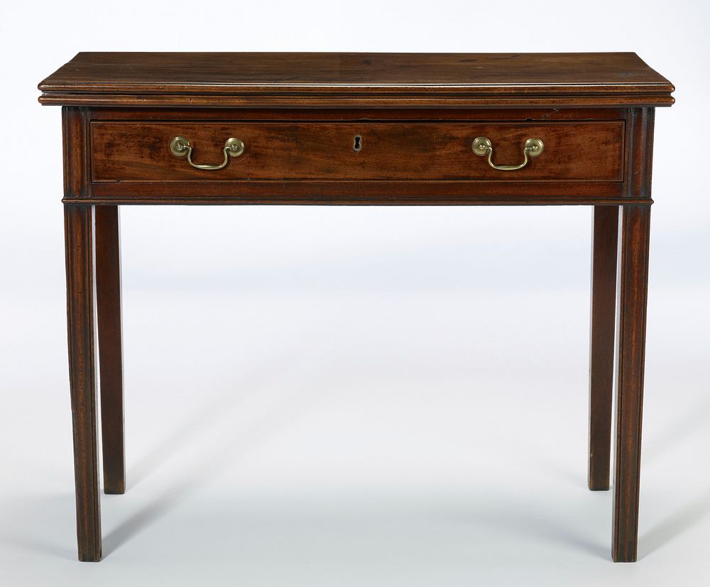 table, folding card; drawer with brass bail handles and key plate; square moulding and slightly tapering legs, called…