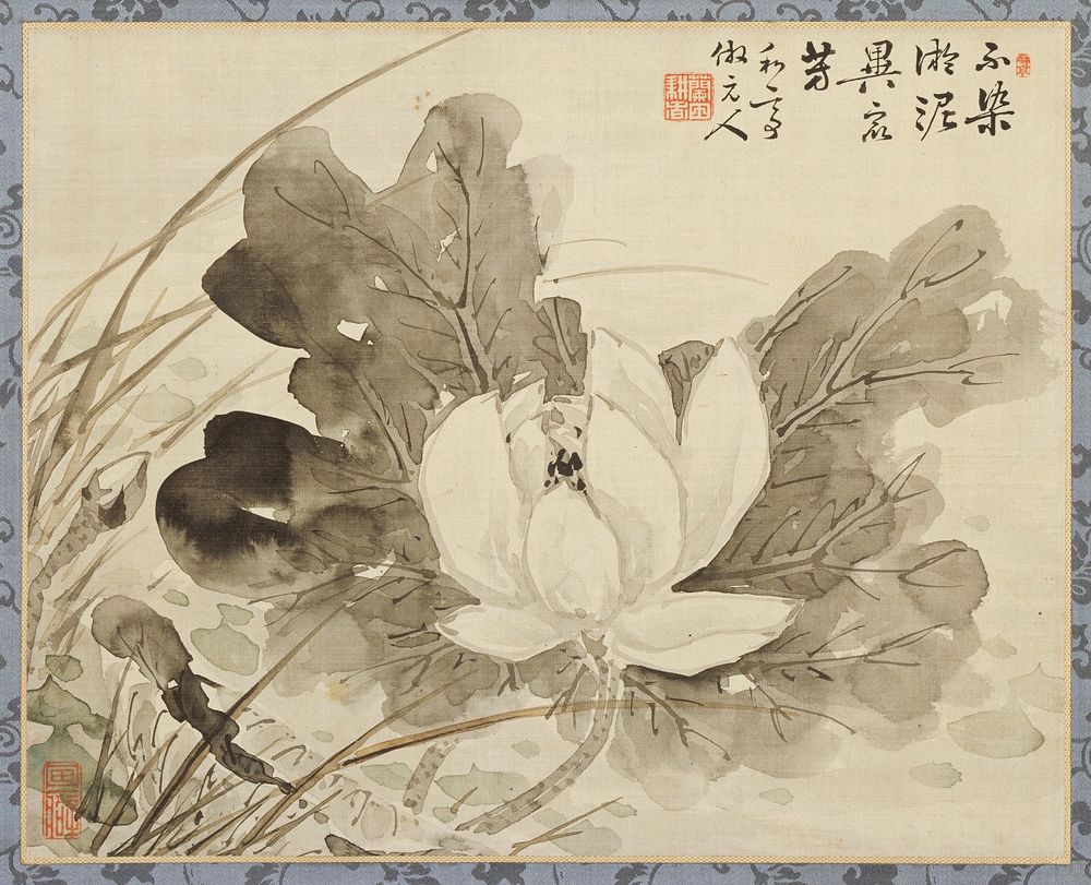 Close-up view of a lotus flower and leaves; brushed in the boneless ink-wash style. Original from the Minneapolis Institute…