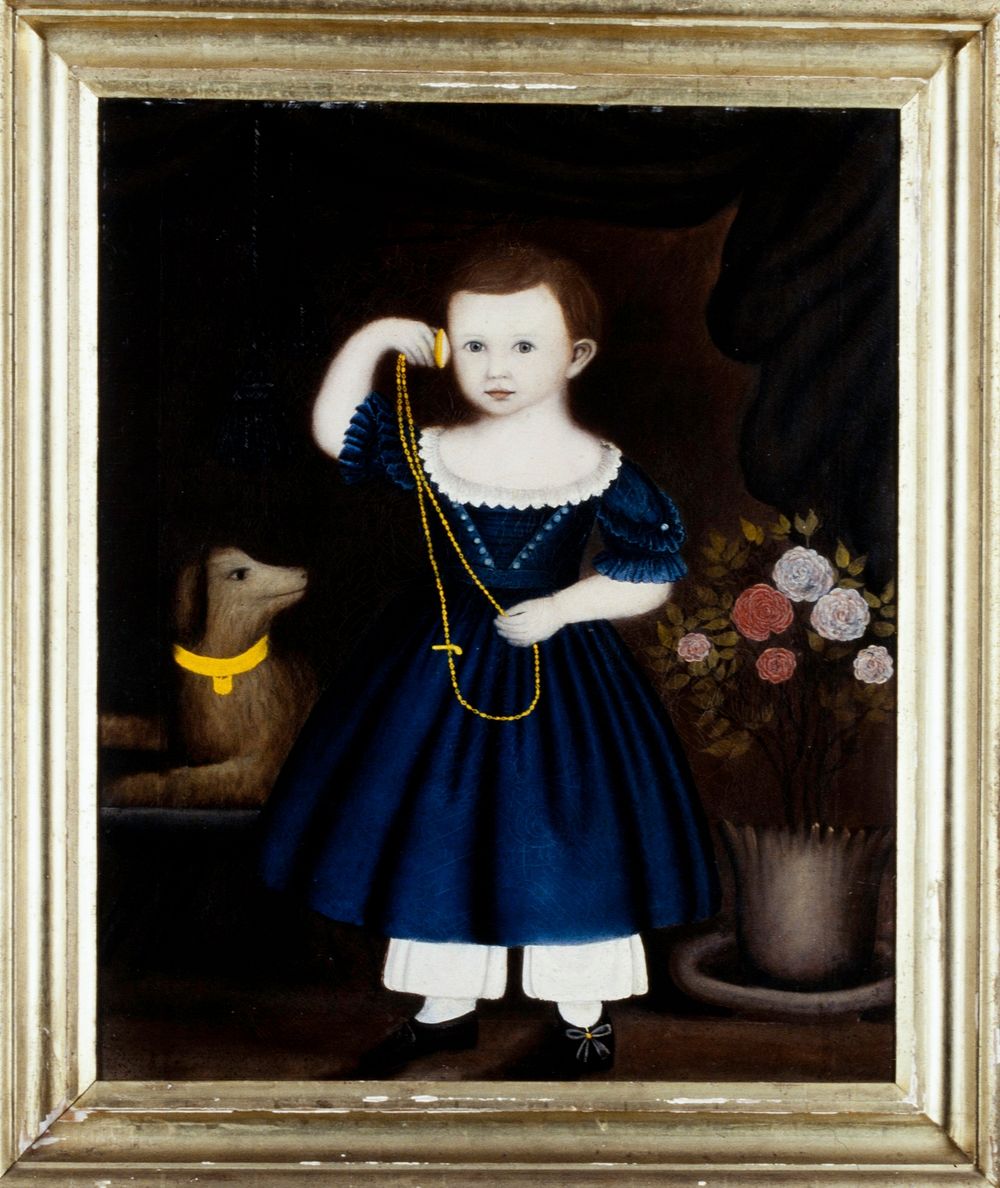 Portrait. American Folk art. Little boy wearing blue dress, white pantaloons and black shoes holding a watch on a long chain…