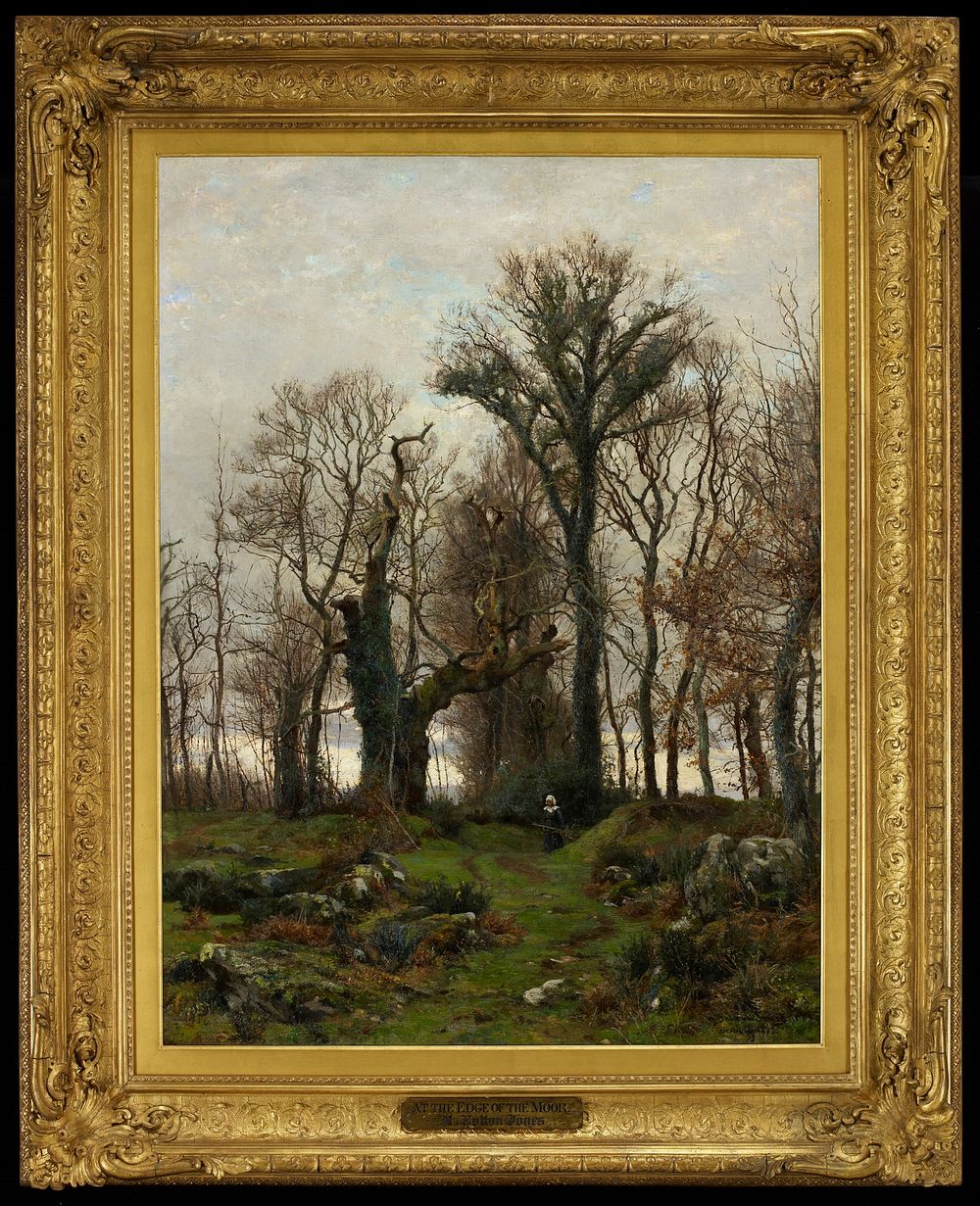 figure near center, walking through a landscape with bare trees; rocks in foreground; setting sun. Original from the…