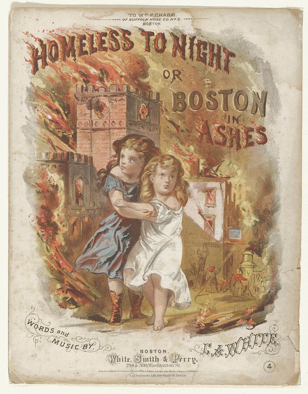 Illustrated sheet music cover. Two young children, the orphans of the song, clinging to each other. Behind them are a…