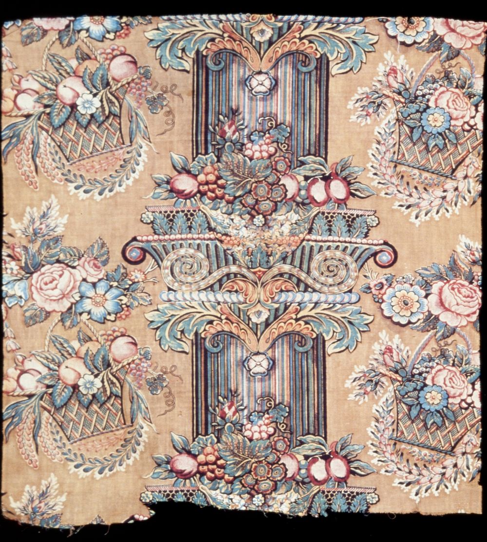 Toile, fragment of polychrome print in a large scale design of a column decorated with urns filled with flowers and flanked…