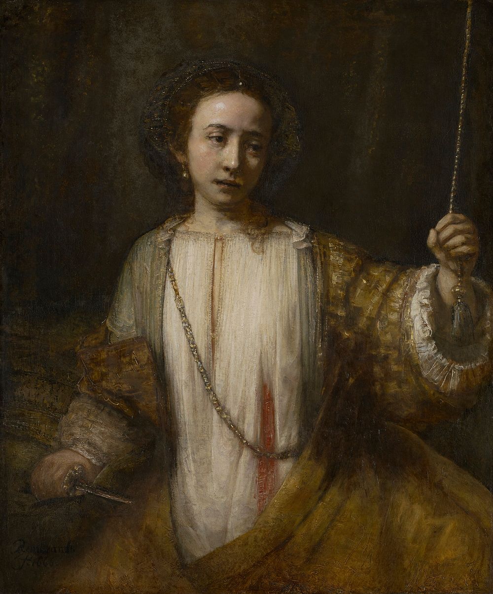 Rembrandt van Rijn's Allegory. Lucretia, portrait of a young woman, seconds after taking her own life, holding knife in…