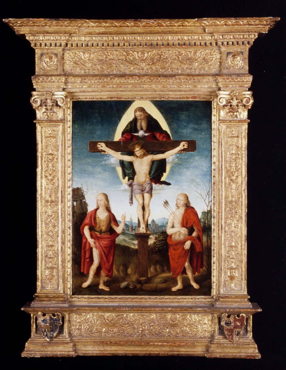 Religion: NT. Trinity with Saint John the Baptist and Saint Sebastian. Nothing on verso (balsa panel). Original from the…