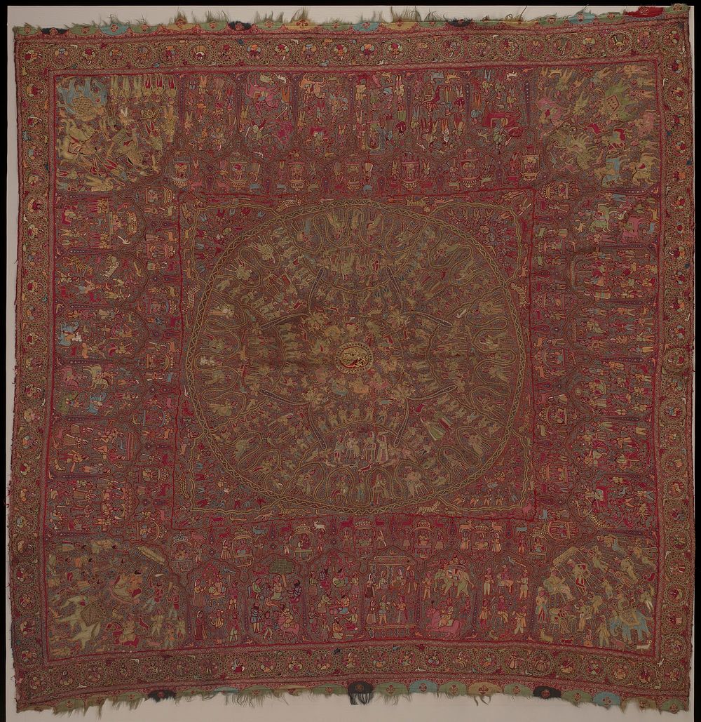 Square panel of pashmina (wool from Tibetan goat), dark red ground, scarcely visible, covered with all-over embroidery in…