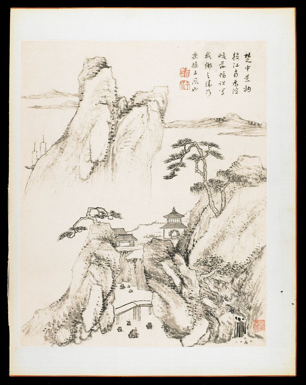 2 buildings at center in a rocky landscape with trees; 2 sailboats partially hidden by rocks at L; from an album of 12…