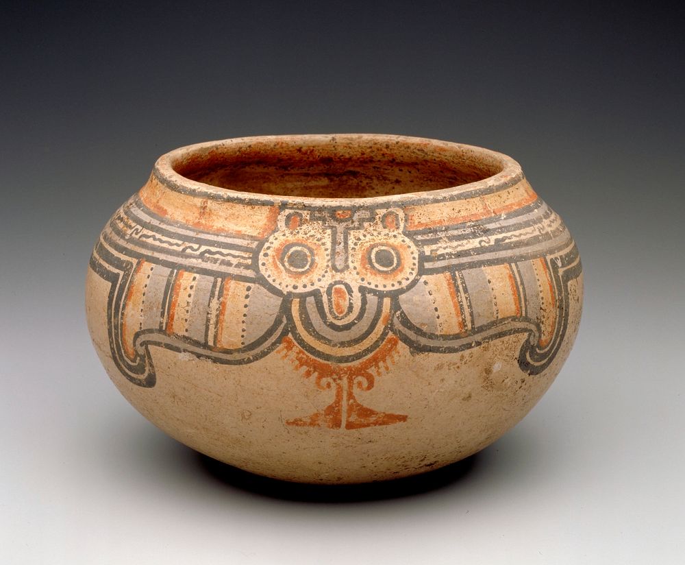 Bowl, wide-mouthed, with a shaped painted band representing two owls, wings outspread, around the rim. The painting is in…