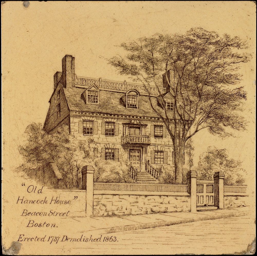 tan ground with brown transfer decoration of house; LLC: ""Old/Hancock House"/Beacon Street/Boston,/Erected 1737 Demolished…