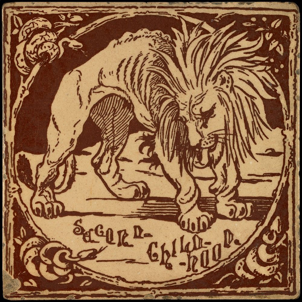 tan with brown decoration of lion with snakes in 3 corners and leaves and berries in URC; "SECOND CHILDHOOD", printed below…