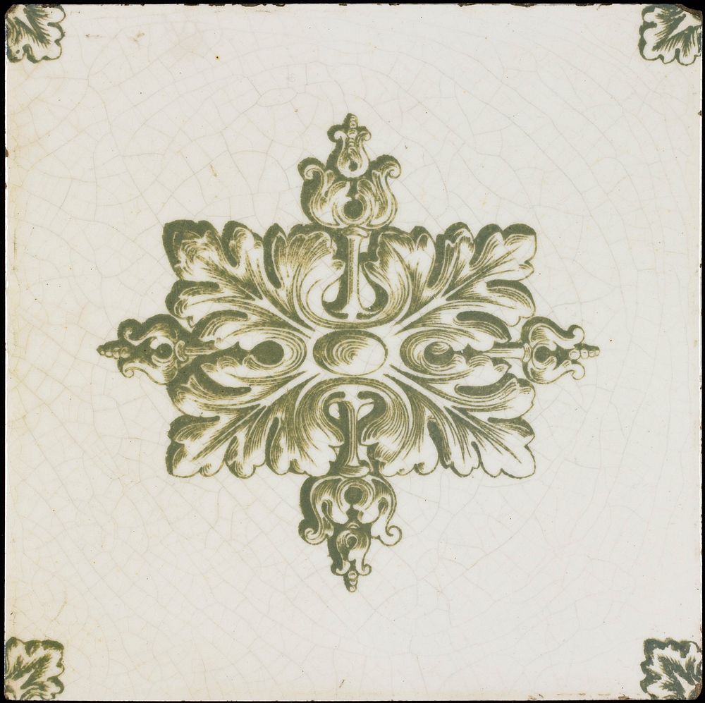 white tile with green transfer decoration of stylized central leaf with leaves at corners, in green. Original from the…