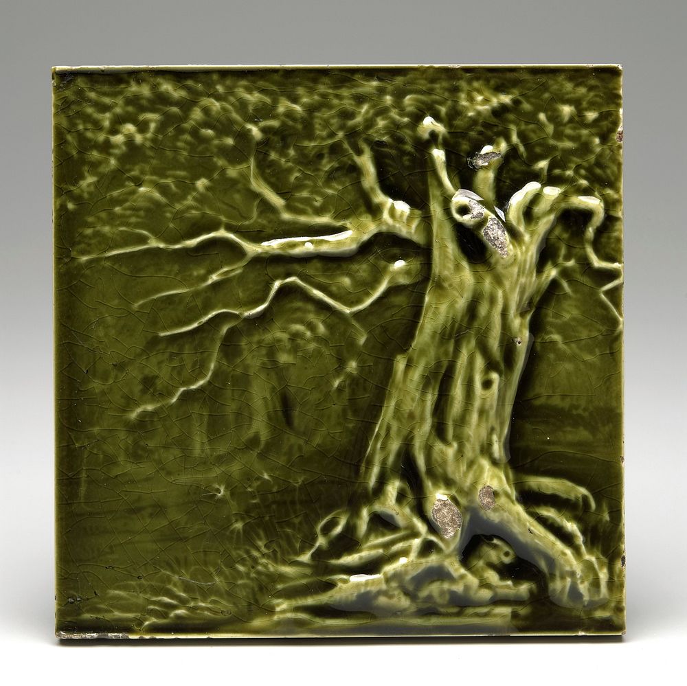 green glaze; relief design of landscape with trees and grass. Original from the Minneapolis Institute of Art.