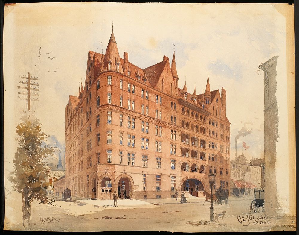 Red brick and stone building built by architect C.E. Joy, on a street corner; figures in front of building and on balconies…